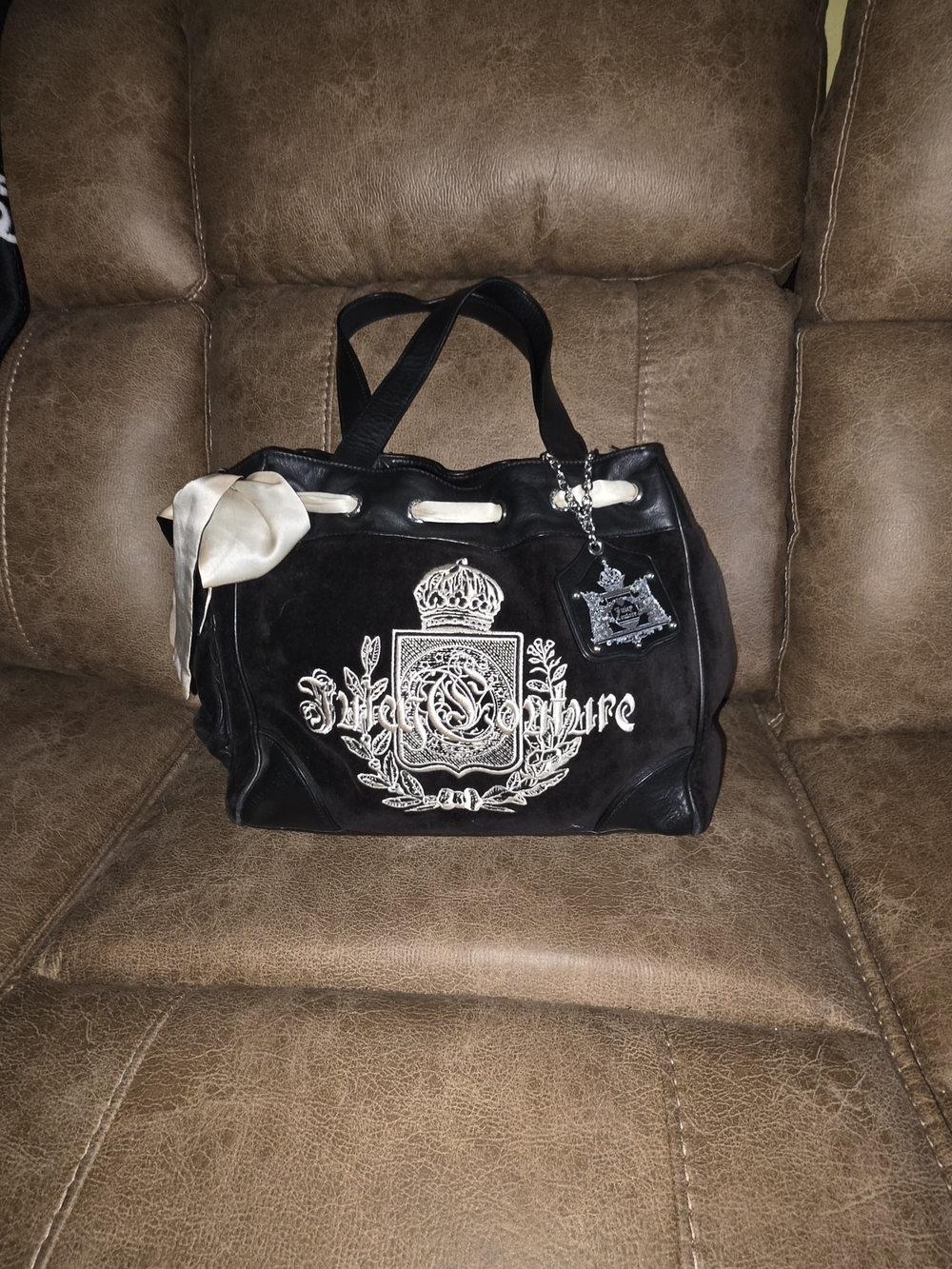 Juicy Couture Black Logo Tote with Two Tone Cream/Black Satin Bow